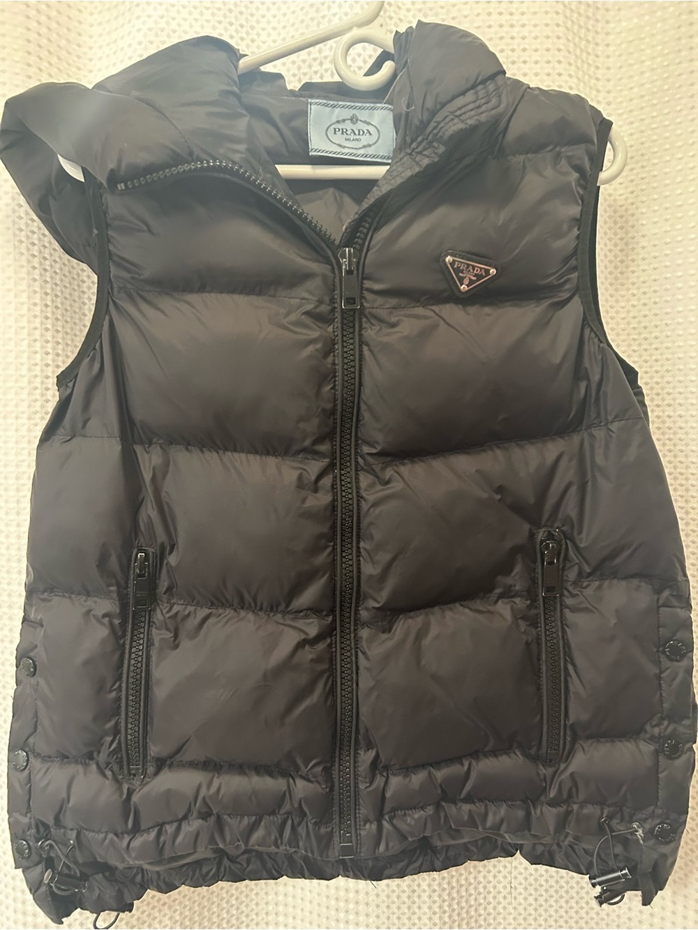 Prada Black Puffer Vest with Hooded Collar large